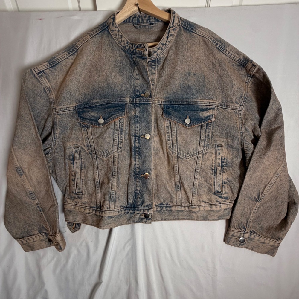 Vintage Denim Jacket M Tan Blue Acid Wash Cropped Stand Collar DJF-2178